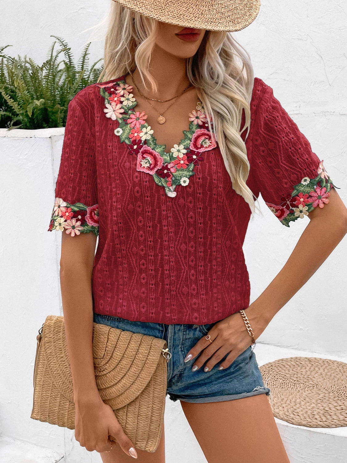 Eyelet Embroidered V-Neck Short Sleeve Blouse