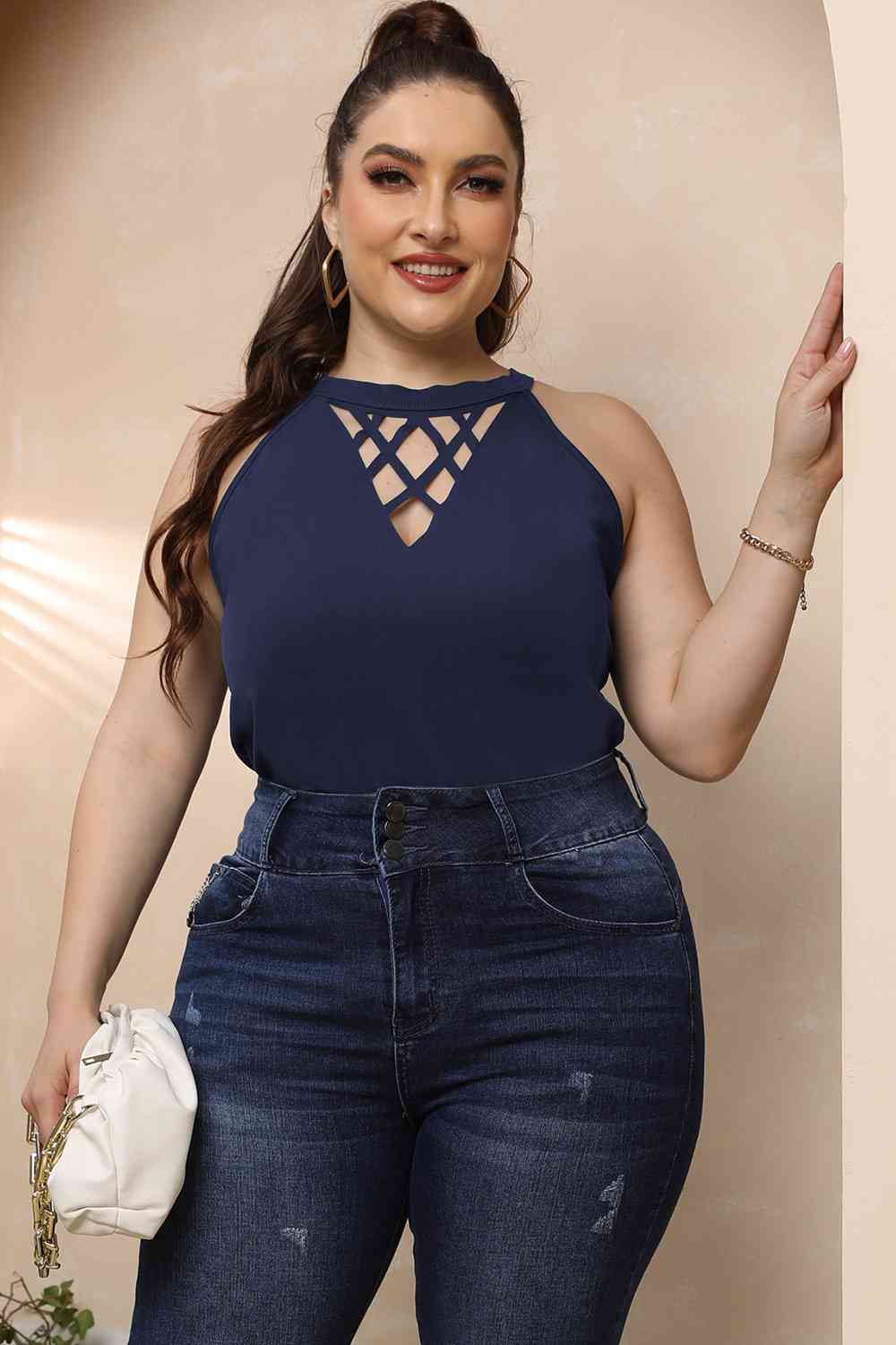 Halter Neck Cutout Sleeveless Dress - Plus Size