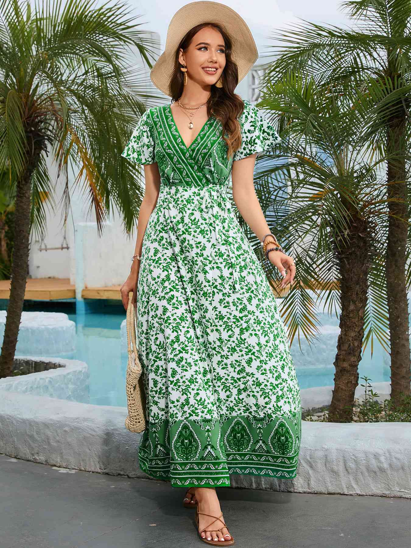 Green & White Bohemian Surplice Neck Split Maxi Dress