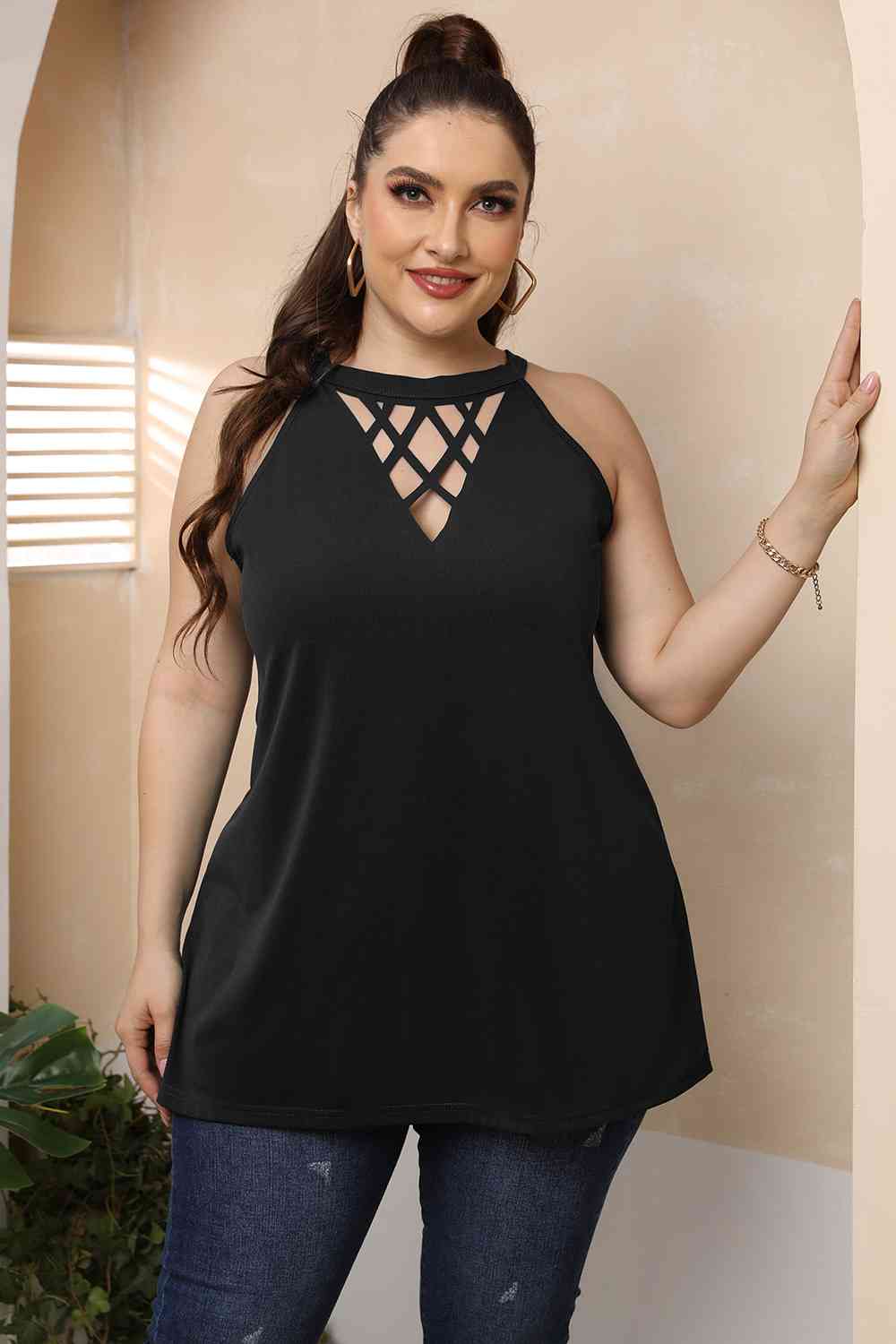 Halter Neck Cutout Sleeveless Dress - Plus Size