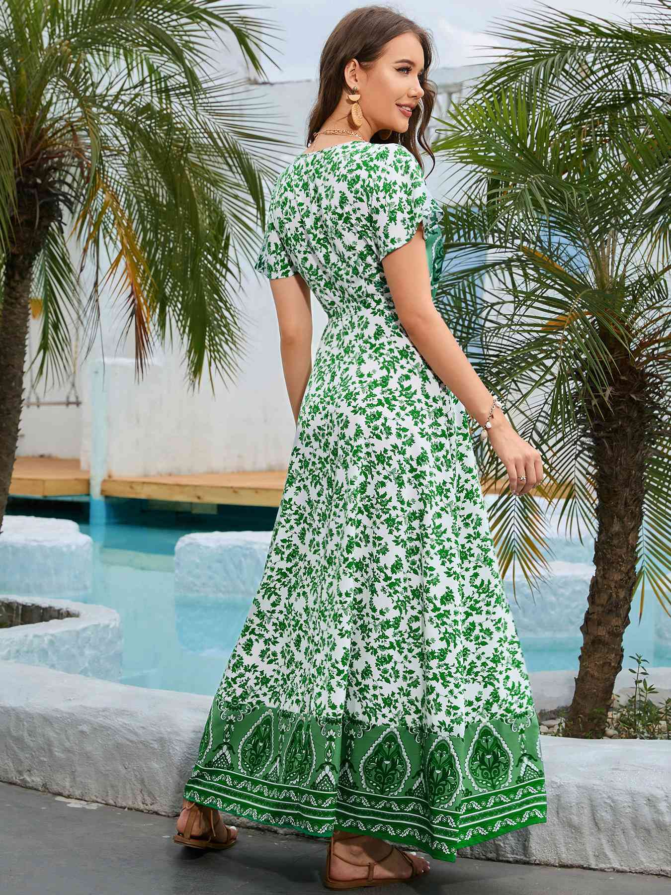 Green & White Bohemian Surplice Neck Split Maxi Dress