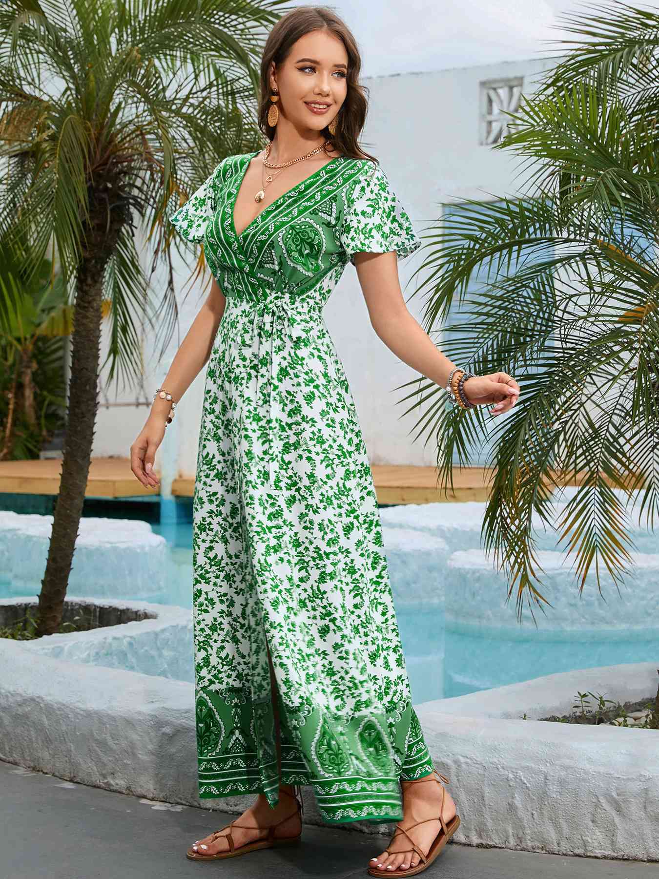 Green & White Bohemian Surplice Neck Split Maxi Dress