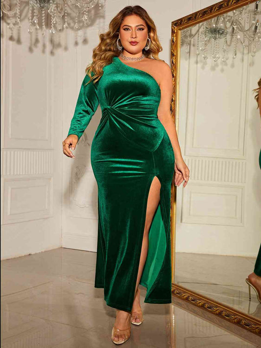 Green One-Shoulder Twisted Split Dress - Plus Size