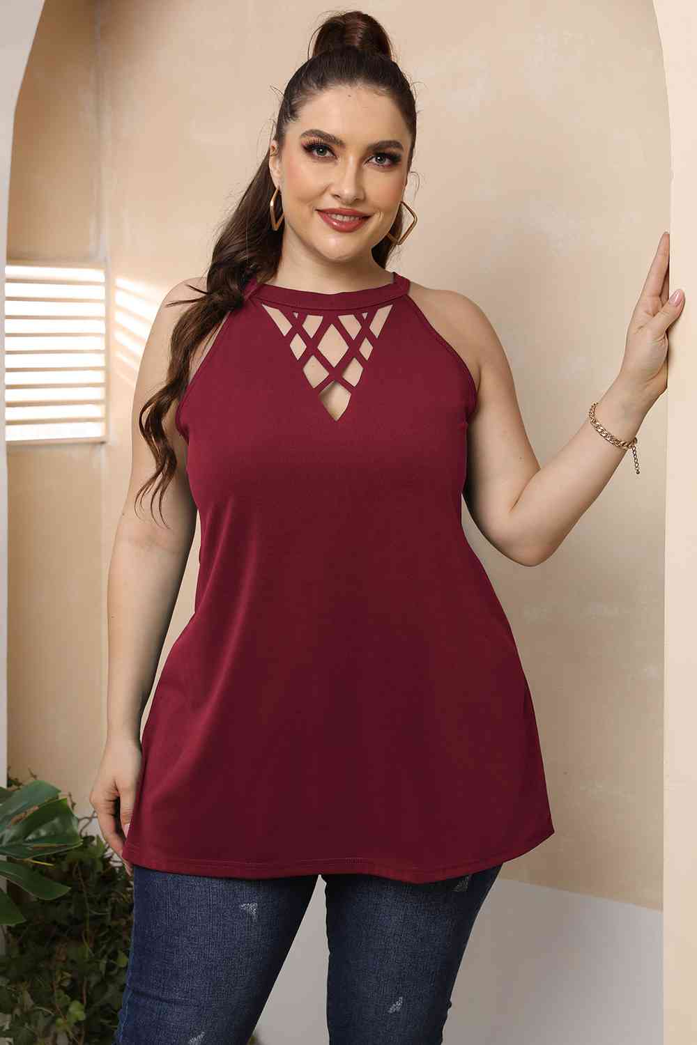 Halter Neck Cutout Sleeveless Dress - Plus Size