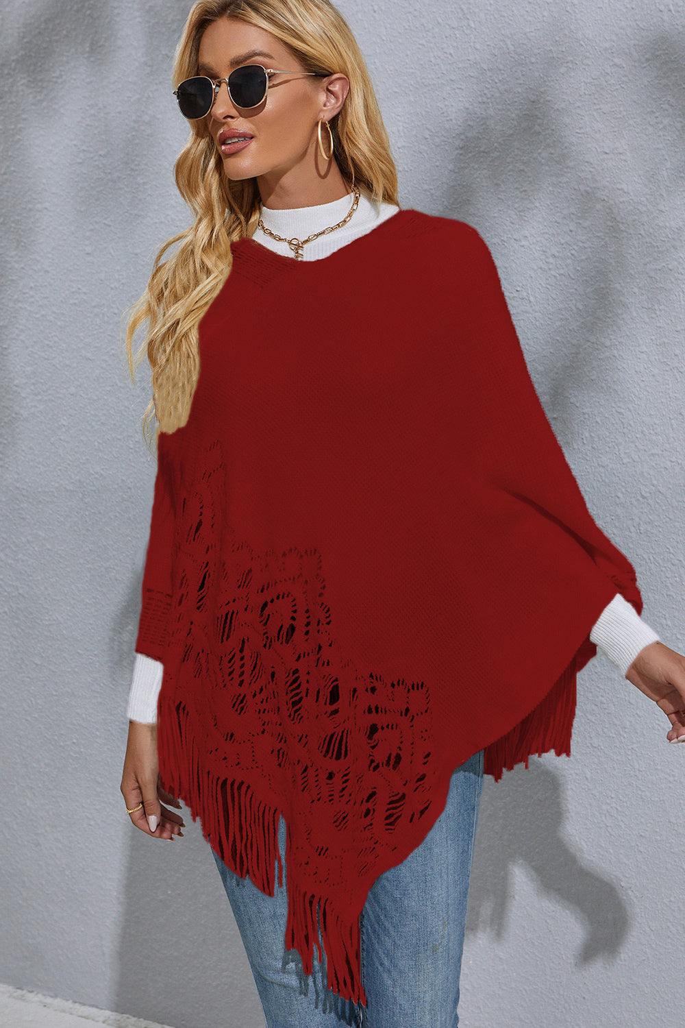 Round Neck Fringe Detail Poncho