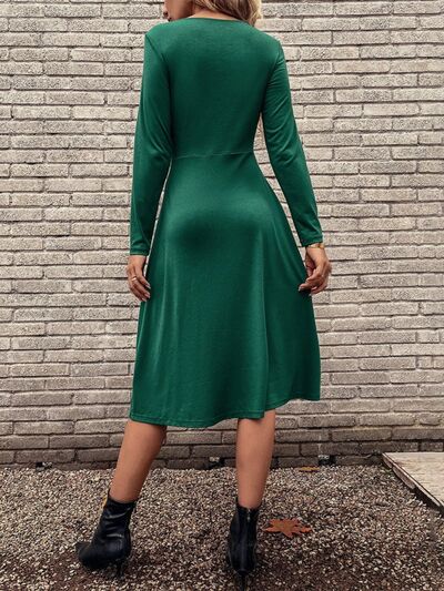 Green Slit Buttoned Round Neck Long Sleeve Dress