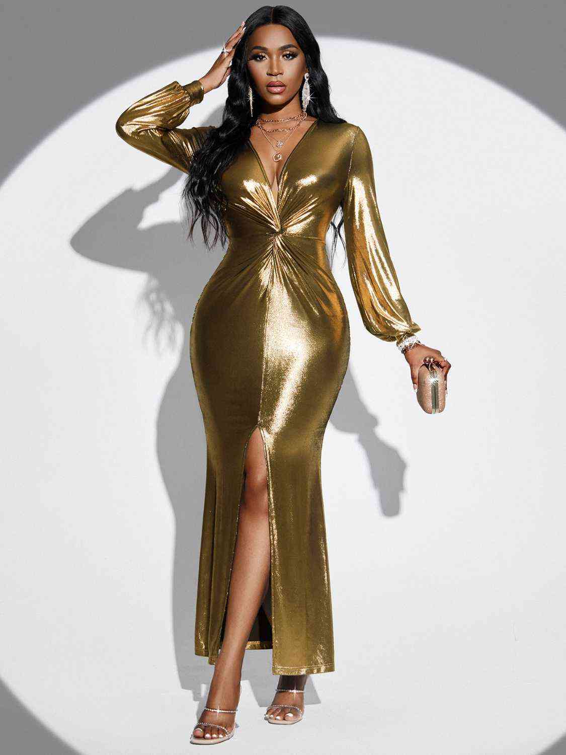 Gold Plunge Twisted Slit Midi Dress