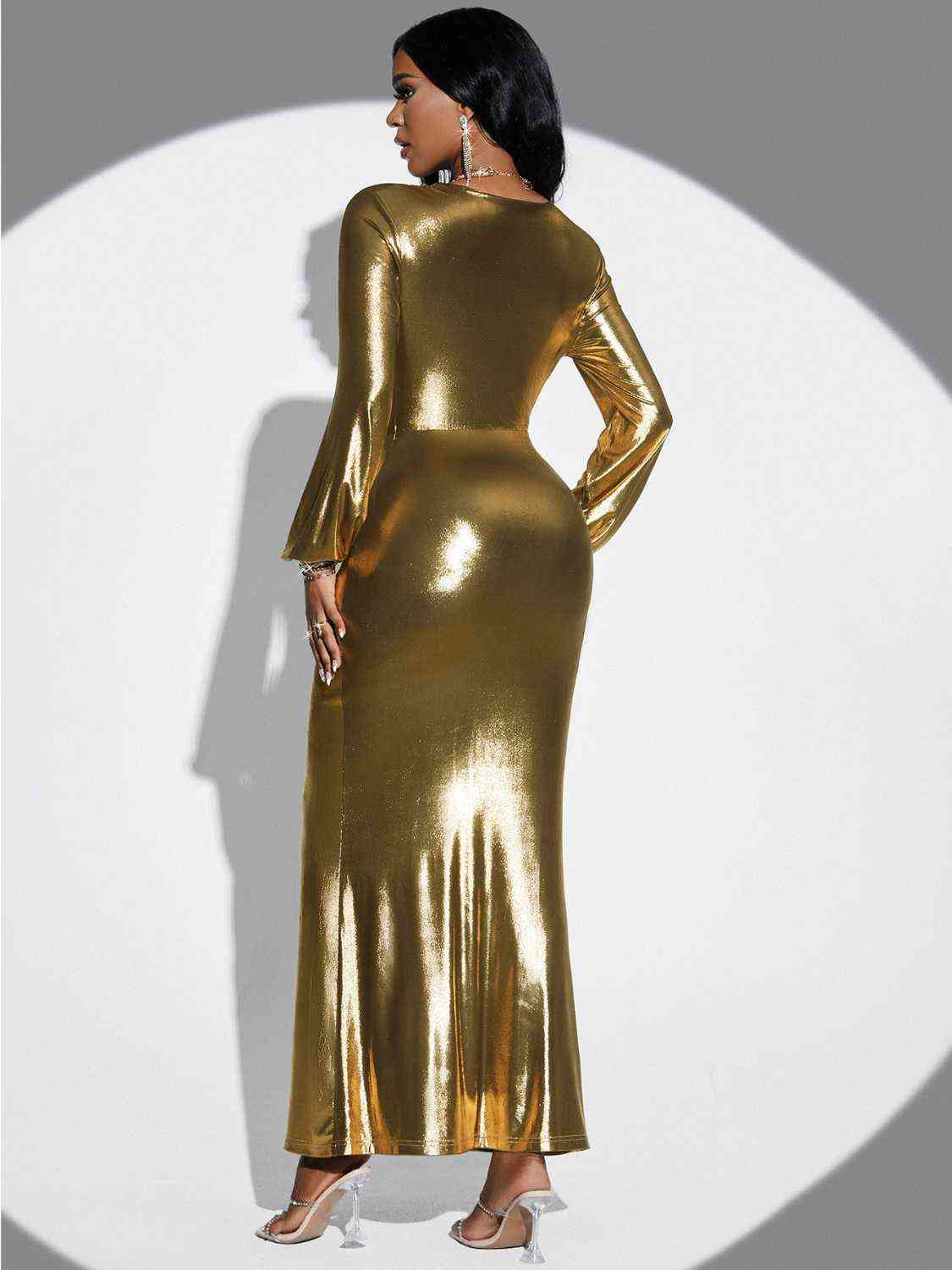 Gold Plunge Twisted Slit Midi Dress